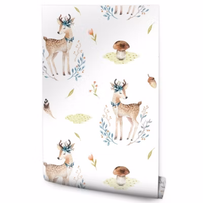 Papier Peint CERF Champignons Feuilles Pour Chambre D&rsquo;Enfant