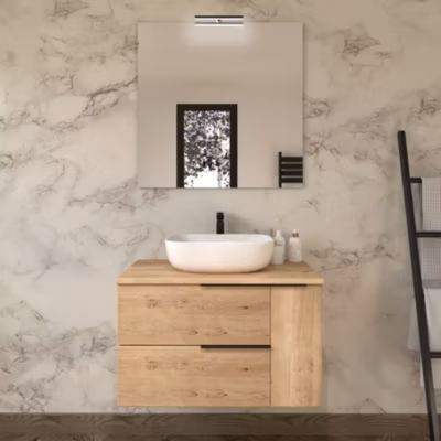 Meuble de salle de bain avec vasque à poser arrondie et miroir avec applique KING – Roble (chêne clair) – 80cm