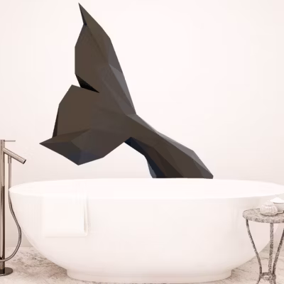 Sticker origami 3D queue de baleine noir de profil 40 x 35 cm