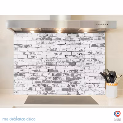 Crédence cuisine fond de hotte Mur briques noir et blanches – Verre trempé – L 90 cm x H 50 cm – MaCrédenceDéco
