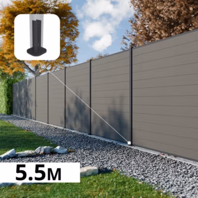Kit Clôture Composite RIO Platines 5,5×1,8m – Bois composite & Aluminium – Poteaux sur Platines Gris – Brise vue – Palissade