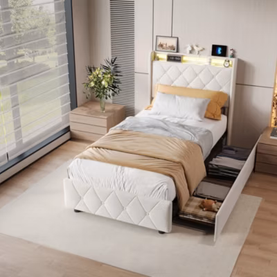 Lit double, lit rembourré 90×200 cm en velours avec tiroirs, tête de lit avec USB & USB-C et LED multicolore, Beige