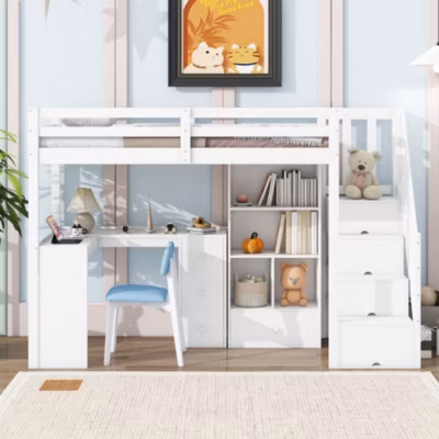 Lit mezzanine 90×200 cm avec bureau integre tiroirs et etageres structure pin et MDF blanc
