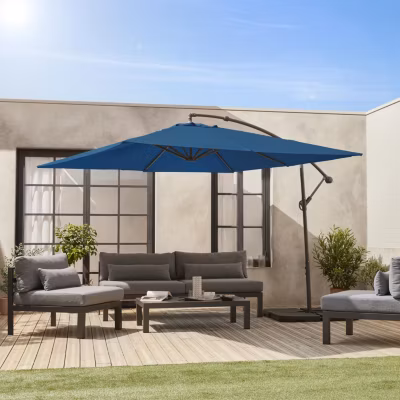 Parasol déporté carré 3x3m – Hardelot 3x3m – Bleu canard – Manivelle anti-retour , Toile déperlante , Facile à utiliser