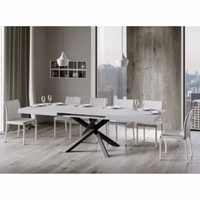 Table extensible 8 à 12 personnes blanc et pieds entrelacés anthracite L 180 à 284 cm Artemis