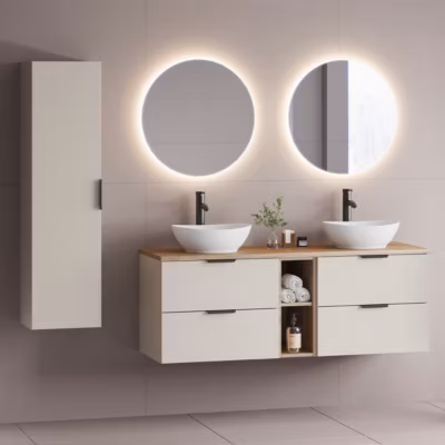 Ensemble meuble double vasque 140cm 2 niches et colonne Astrid Cachemire et bois