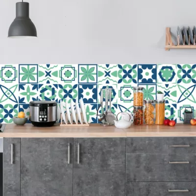 Crédence adhésive carreaux de ciment vert et bleu 40X100cm