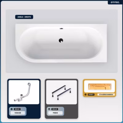Baignoire asymétrique – 170 x 75 cm – Droite – sans Habillage – avec Pieds – Étagère bambou – Vidage Chrome – AVITA