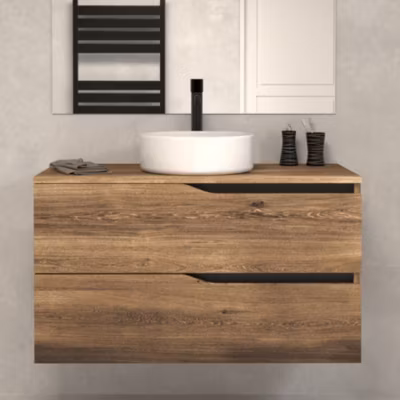 Meuble de salle de bain 90cm avec plateau et vasque à poser – 2 tiroirs – sans miroir – tabaco (chêne foncé) – LUNA