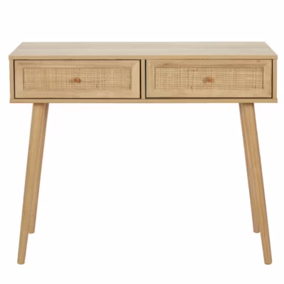 MAYA – Console 2 Tiroirs Effet Bois et Façades Rotin