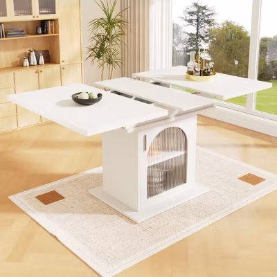 Table à Manger Extensible avec 3 Niveaux de Rangement en MDF et Verre, 110-140x80x76 cm, Blanc