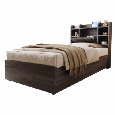 Lit simple bois gris 90 par 200 cm avec tete de lit rangement prise USB et Type C systeme hydraulique sans matelas
