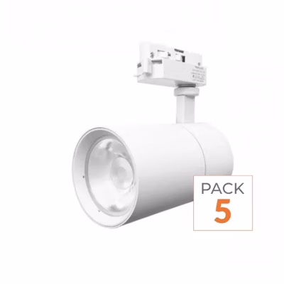 Pack de  5 – Spot LED sur Rail 30W 80 degrés Compact Monophasé BLANC – Blanc Chaud 2300K – 3500K – SILAMP