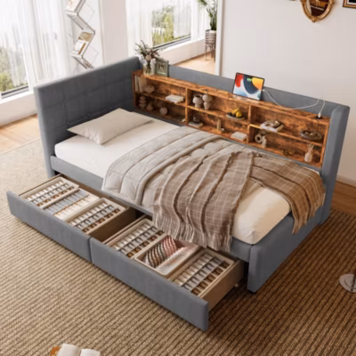 Lit Banquette 90 x 200 cm – avec 2 Tiroirs, Ports USB et Rangement – Sans Matelas – Lin Gris