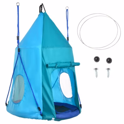 Balançoire nid d&rsquo;oiseau rond dia. 1,1 x 1,5H m – tente amovible incluse – accessoires inclus bleu