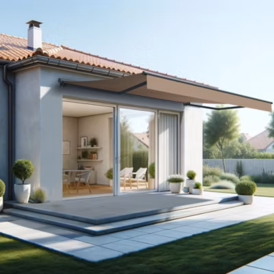 Store banne semi-coffre SARARI 5,00×3,00m (Motorisé à télécommande + manœuvre de secours – Taupe – Gris anthracite)