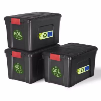 Iris Ohyama, Malles de Rangement plastiques résistante, 60L, Lot de 3, Noir, SIA-60
