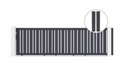 Portail coulissant 5m VEYMONT H.140cm alu + 2 poteaux EIFEL 20x20cm H.166cm GRIS