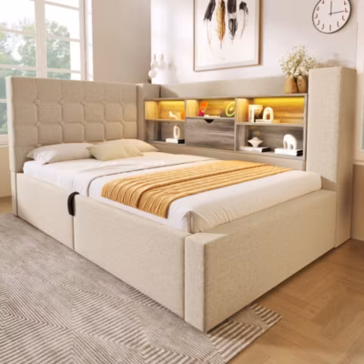 Lit Coffre 90×200 cm – Lit Simple Capitonné Ado avec LED, Ports USB Type-C et Tête de Lit Rangement – Sans Matelas – Lin Beige