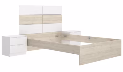 Tête de lit avec 2 tables de chevet , Structure de lit 140×190 cm chêne naturel, blanc