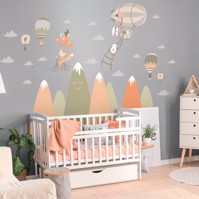 Stickers enfant montagnes scandinaves animaux épanouis 40 x 60 cm
