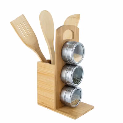 Porte ustensiles et épices 3 pots en bambou COOK