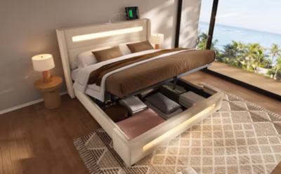 Canape lit 140×200 cm avec coffre hydraulique eclairage LED et ports USB Type C tissu effet lin beige