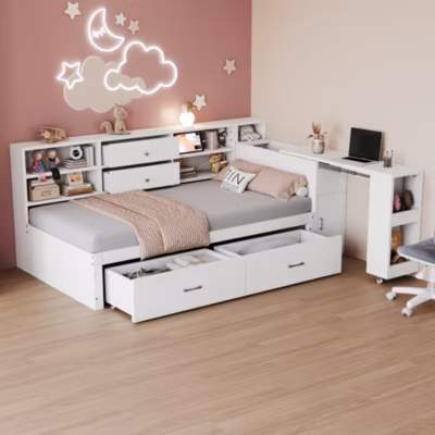 Lit Banquette Bois 90×200 cm avec Tiroirs, Bureau Coulissant et Rangements Cachés – Blanc