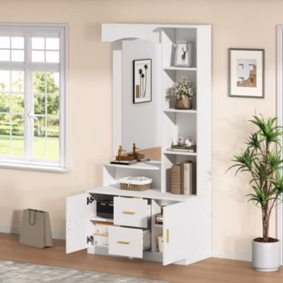 Meubles d&rsquo;entrée – Vestiaire avec Miroir et Rangement Multifonction, 2 Tiroirs, 2 Portes et Étagères, MDF, Blanc, 90x40x180 cm