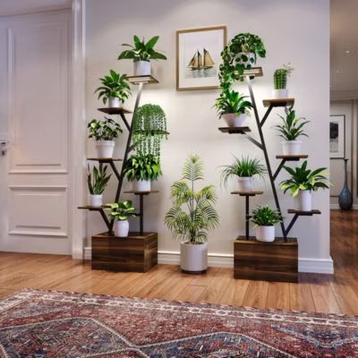 Étagère à plantes avec éclairage de croissance intégré, coloris bois tigré, structure métal blanc, rangement bas, lot de 2, Marron