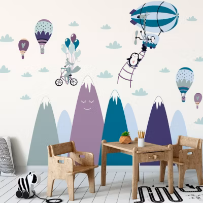 Stickers montagnes scandinaves animaux amusants 100 x 150 cm