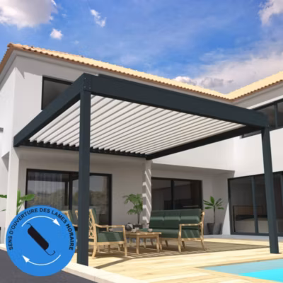 Pergola Bioclimatique COCOON XL perpendiculaire Mixte Gris anthracite / Blanc 5,490×4,00m  Kit LED 3 cotés – Ouverture horaire