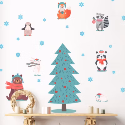 Stickers Noël animaux scandinaves sous la neige – Autocollants stickers adhésifs noël – décoration fêtes – 75x50cm