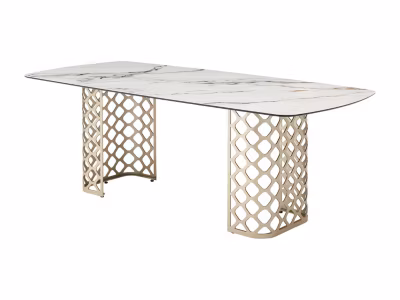 Table à manger 8 personnes en verre trempé et céramique – Effet marbre blanc et doré – GOLDENA