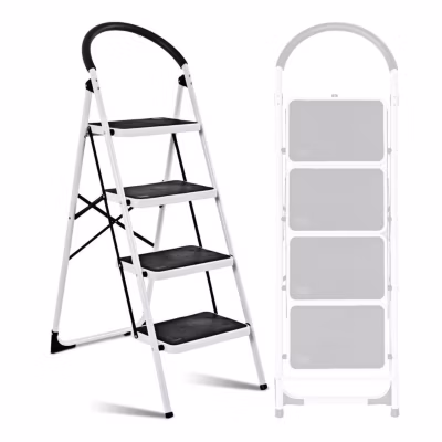 Escabeau à 4 marches BM TOOLS BMT-ESC4-ACIER, Haut. de travail : 95 cm, se range facilement, Marches et Poignées anti-dérapantes