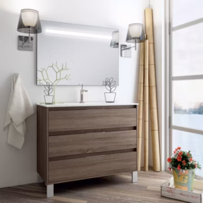 Meuble de salle de bain simple vasque – 3 tiroirs – TIRIS 3C et miroir Led STAM – britannia (chêne foncé) – 100cm