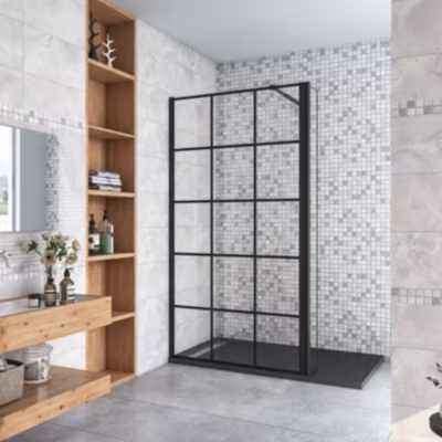 Paroi de douche à l&rsquo;italienne noire 80x200cm + retour pivotant 30cm + 8mm verre anticalcaire + barre de extensible 70-120cm