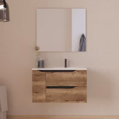 Meuble de salle de bain 80cm avec vasque  à droite et miroir – 2 tiroirs et 1 placard – tabaco – ZARZA