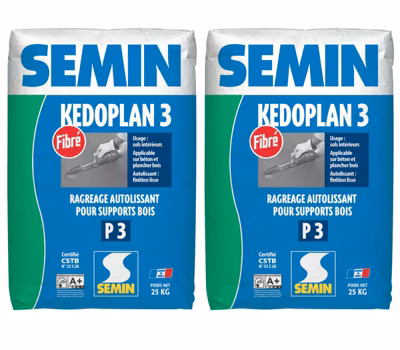 Enduit de Ragréage Autolissant Kedoplan Fibré Semin, Sol Intérieur, sac de 25 kg (lot de 2)