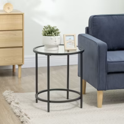 Table d appoint ronde noire 48×54,7 cm avec plateau en verre et cadre metallique pour salon chambre table basse ou chevet