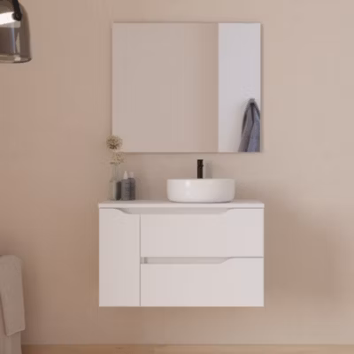 Meuble de salle de bain 80cm avec plateau, vasque à poser  à droite Ares et miroir – 2 tiroirs et 1 placard – blanc – ZARZA