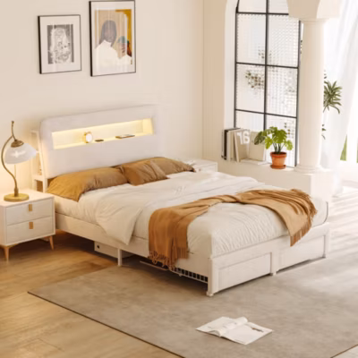 Lit double 140×200 cm, tiroirs, tête de lit LED, USB, cadre métal, Velours, Beige