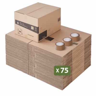 Lot 75 cartons déménagement hauteur modubale : variable – 50 x 40 x 20-30 cm – Poignées renforcées – 3 adhésifs offerts