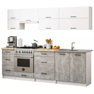 Ensemble de cuisine : blanc / béton, D : l : 240 cm, h : 203 cm, p : 46 cm.
