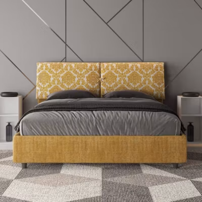 Lit avec sommier rembourré 160×210 en tissu Agata 3 jaune Mados