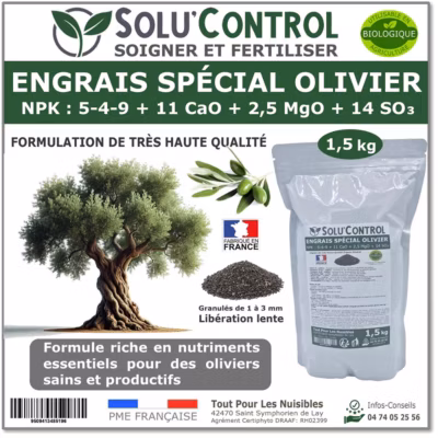SOLU&rsquo;CONTROL – Engrais Spécial Olivier 1,5 kg- Formulation haute qualité Organo-Minerale – NPK 5-4-9 – UAB