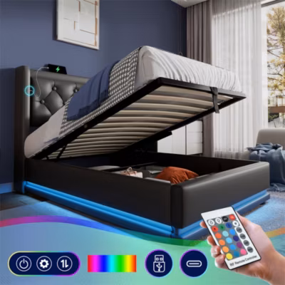 Lit adulte lit 90×200 cm lit rembourré hydraulique lit de rangement Single avec fonction de charge usb type-c tête de lit pu noir