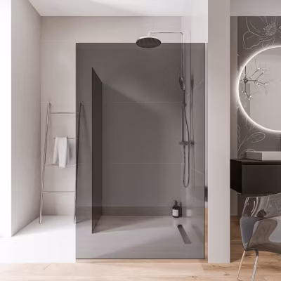 2 Parois de douche italienne d&rsquo;angle 70x200cm + 100cm, verre fumé NANO 10mm, profilé mural + sol inox chrome – EX102