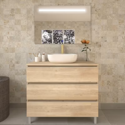 Meuble de salle de bain avec vasque à poser arrondie PALMA et miroir Led STAM – Bambou (chêne clair) – 80cm