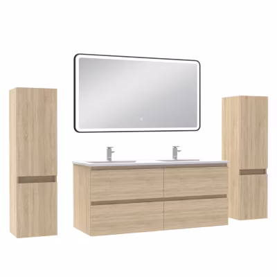 Meubles Salle de Bain 120cm avec colonne + miroir lumineux 3 couleurs Chêne Wotan